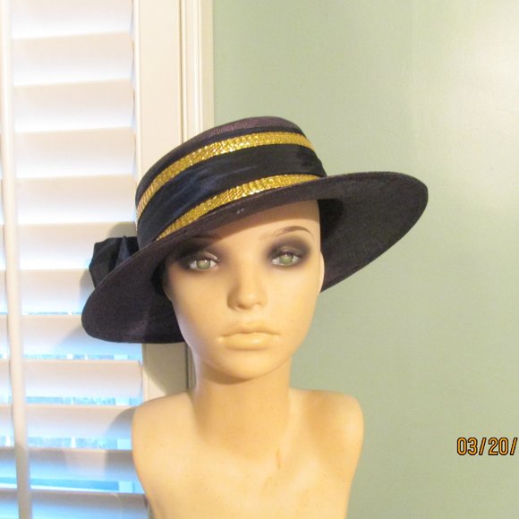 Eric Javits Black Straw Hat Gold Trim Bow Back main image 5